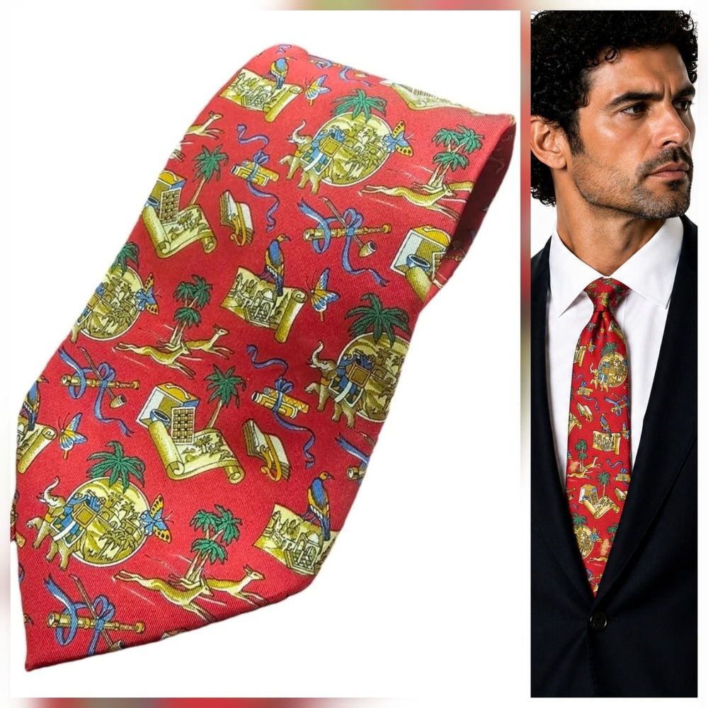 Salvatore Ferragamo Silk Tie Red AOP Egyptian-Themed Novelty Luxury Designer